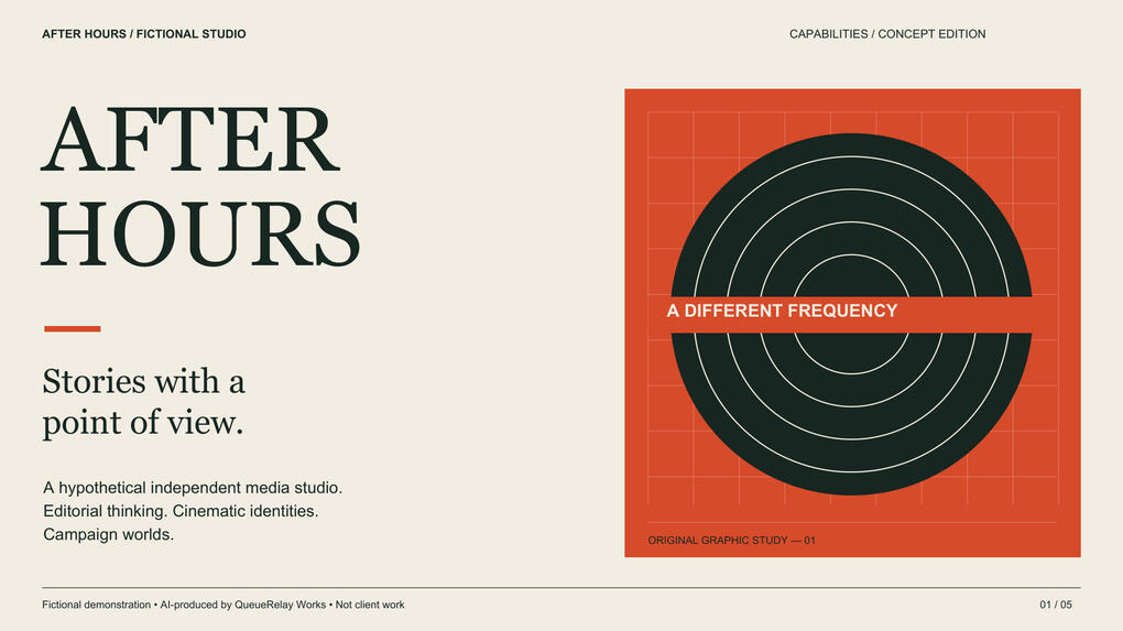 AFTER HOURS cover slide: fictional AI-produced design demonstration, not client work. Cream typography with an orange and dark green concentric-circle graphic.
